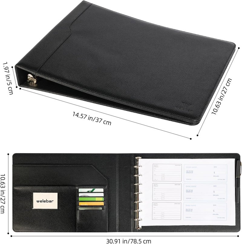 welebar 7-Ring Business Check Binder for 9 x 13 Sheets, 600 Checks Capacity PU Leather Portfolio with Storage Organizer & Zippered Pouch for 3-on-a-Page Business Checks - Image 2